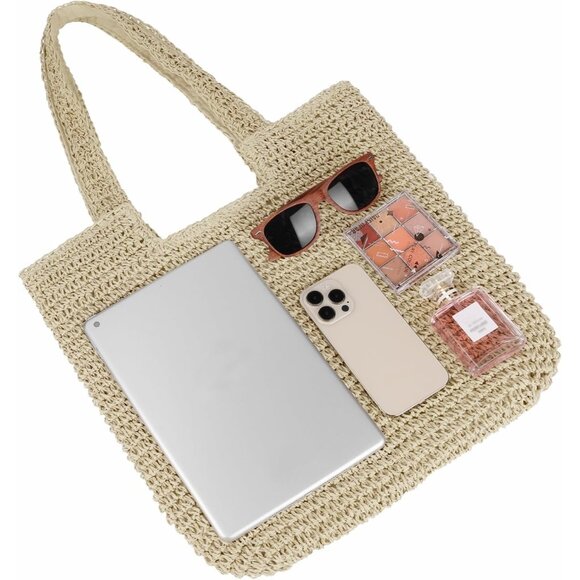 Women's A Beige Large Straw Beach Bag Handmade Woven Shoulder Hobo Tote Handbag - Picture 3 of 6